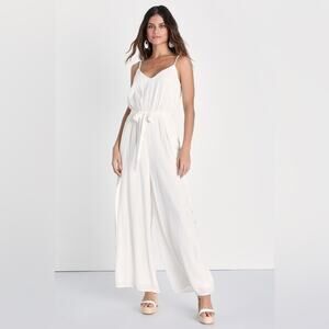 Lulus Serene Stunner White Sleeveless Flyaway Wide Leg Jumpsuit Tie Waist XS